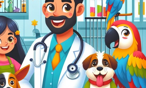 Une illustration destinée aux enfants représentant un vétérinaire passionné et dévoué, un chien de garde joyeux et un perroquet bavard, dans une clinique vétérinaire colorée et animée.