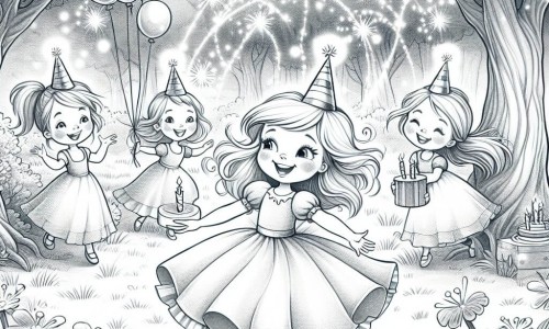 Une illustration destinée aux enfants représentant une fillette joyeuse fêtant son anniversaire avec ses amis lors d'une chasse au trésor palpitante dans un parc enchanté de Féerilande, où l'herbe scintille de paillettes et les arbres dansent au rythme de la magie.