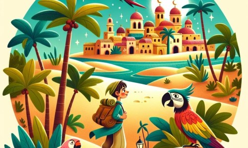 Une illustration destinée aux enfants représentant un jeune garçon intrépide partant à l'aventure avec ses fidèles amis et un perroquet coloré, dans un village entouré de dunes de sable scintillantes et de palmiers majestueux.