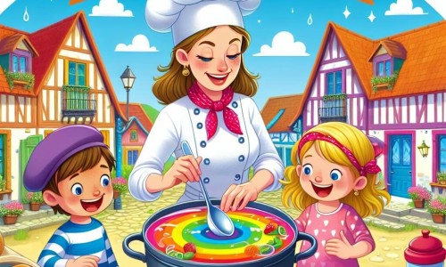 Une illustration destinée aux enfants représentant une chef cuisinière passionnée préparant une soupe arc-en-ciel, accompagnée d'un garçon curieux et d'une fille enthousiaste, dans un restaurant coloré nommé 