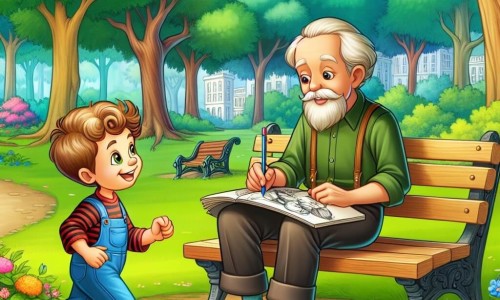 Une illustration destinée aux enfants représentant un garçon plein de vie et de curiosité, faisant la rencontre d'un garçon plus âgé dessinant sur un banc, dans un parc verdoyant aux arbres majestueux et aux fleurs colorées.