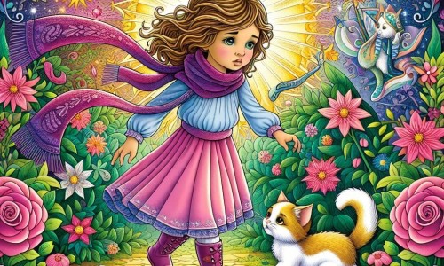 Une illustration destinée aux enfants représentant une fillette courageuse faisant face à une maladie, accompagnée de son fidèle chaton, dans un jardin enchanté aux couleurs vives et aux fleurs chatoyantes.