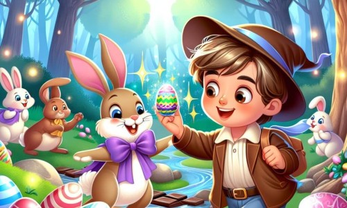 Une illustration destinée aux enfants représentant un garçon espiègle découvrant un œuf de Pâques magique, accompagné d'un Lapin Enchanteur, dans la Forêt des Friandises aux arbres de bonbons et ruisseaux de chocolat de Croquenbouille.