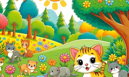 Une illustration destinée aux enfants représentant un félin curieux et espiègle, une joyeuse bande d'animaux, dans un parc ensoleillé parsemé de fleurs colorées et d'arbres majestueux.
