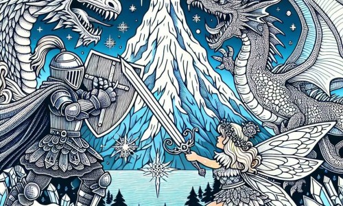 Une illustration destinée aux enfants représentant un chevalier courageux affrontant un dragon redoutable avec l'aide d'une fée bienveillante, au sommet d'une montagne enneigée ornée de cristaux scintillants.