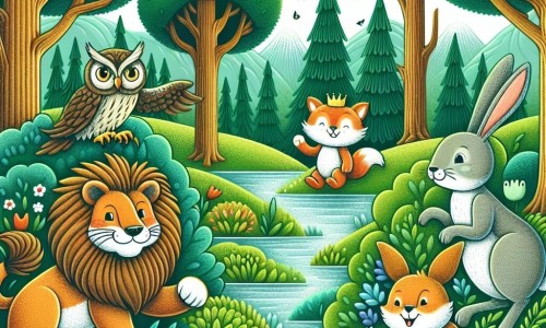 Une illustration destinée aux enfants représentant un renard malicieux, un lion joyeux, une chouette astucieuse, un lapin espiègle et un écureuil vif se cachant et jouant ensemble dans une forêt verdoyante, avec des arbres majestueux, des buissons fleuris et une rivière scintillante.