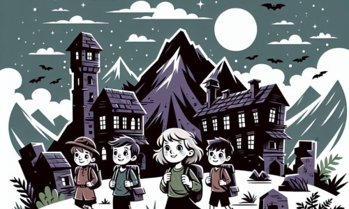 Une illustration destinée aux enfants représentant une petite fille courageuse, accompagnée de ses amis garçons, explorant un village abandonné au sommet d'une montagne, avec des maisons en ruines et des rues désertes, sous un ciel sombre et menaçant.