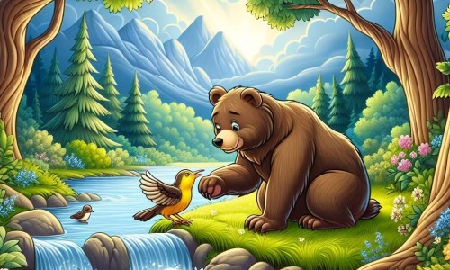 Une illustration destinée aux enfants représentant une ourse douce et bienveillante, une situation d'entraide entre une ourse et un rossignol blessé, dans une forêt paisible aux arbres majestueux et à la rivière scintillante.