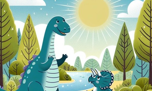 Une illustration destinée aux enfants représentant une grande Diplodocus, majestueuse et bienveillante, accompagnée d'un Tricératops inquiet, dans une forêt préhistorique luxuriante avec des arbres géants et une rivière scintillante sous un soleil préhistorique.
