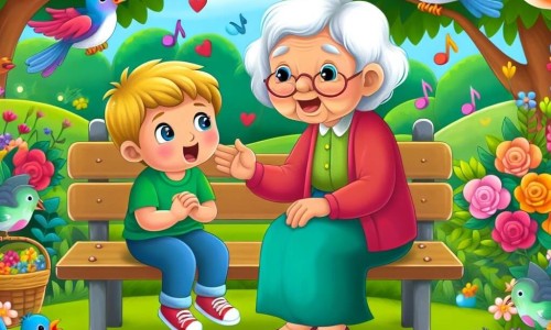 Une illustration destinée aux enfants représentant un petit garçon plein de vie et de curiosité, faisant face à la maladie d'une vieille dame douce et bienveillante, assis sur un banc dans un parc verdoyant, avec des fleurs colorées et des oiseaux chantant joyeusement.