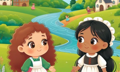 Une illustration destinée aux enfants représentant une fillette aux boucles brunes, une nouvelle rencontre avec une petite fille aux cheveux noirs et taches de rousseur, dans un petit village entouré de champs verdoyants, de collines douces et d'une rivière sinueuse.