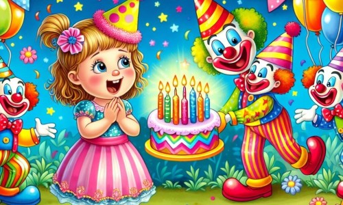 Une illustration destinée aux enfants représentant une petite fille émerveillée par la magie de son anniversaire, entourée de clowns rigolos dans un jardin festif aux couleurs chatoyantes.