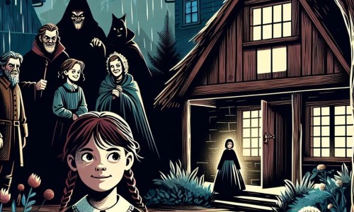 Une illustration destinée aux enfants représentant une jeune fille au destin bouleversé, entourée de sa belle-famille méchante, dans une chaumière sombre et rustique au bord de la forêt enchantée.