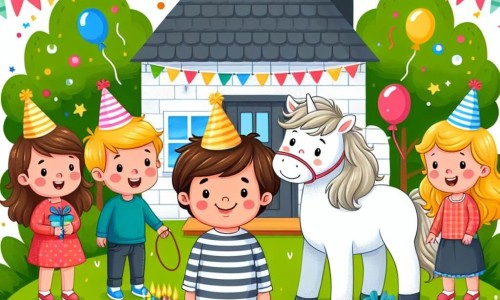 Une illustration destinée aux enfants représentant un petit garçon tout sourire le jour de son anniversaire, entouré de ses amis et d'un poney blanc, dans le jardin coloré et festif de sa maison.