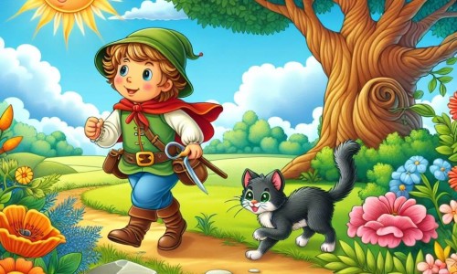 Une illustration destinée aux enfants représentant un petit garçon intrépide se lançant dans la résolution du mystère des chaussettes disparues avec l'aide d'un chaton malicieux, dans un jardin ensoleillé bordé de fleurs colorées et d'un vieux chêne majestueux.