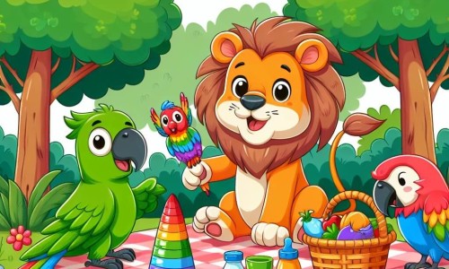 Une illustration destinée aux enfants représentant un lion joueur et maladroit, accompagné d'une perruche bavarde, préparant un pique-nique coloré et chaotique dans une clairière ensoleillée entourée de grands arbres verdoyants et de fleurs multicolores.