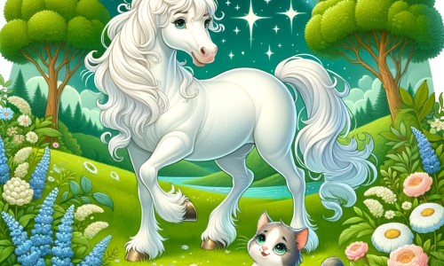 Une illustration destinée aux enfants représentant un magnifique cheval blanc, vivant dans une prairie verdoyante, accompagné d'un petit chaton, dans une histoire pleine d'aventures et d'amitié.