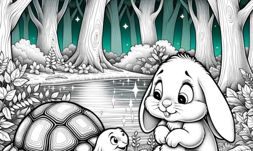 Une illustration destinée aux enfants représentant un petit lapin maladroit se trouvant dans une forêt enchantée, accompagné d'une sage tortue, dans une clairière paisible entourée d'arbres majestueux et d'un étang scintillant.