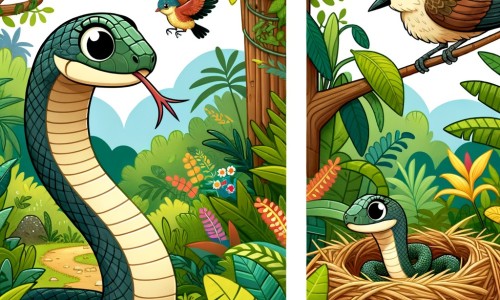 Une illustration destinée aux enfants représentant un serpent curieux et aventurier, accompagné d'un oiseau en train de construire son nid, dans une jungle luxuriante remplie de plantes tropicales et d'animaux colorés.