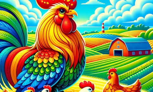 Une illustration destinée aux enfants représentant un fier coq au plumage chatoyant, protégeant ses poules des dangers d'une ferme colorée et paisible, où les champs verdoyants s'étendent à perte de vue sous un ciel bleu azur.