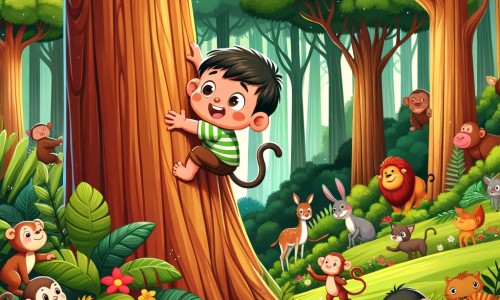 Une illustration pour enfants représentant une petite guenon curieuse qui vit dans une grande forêt et qui décide d'escalader un arbre immense pour découvrir ce qu'il y a en haut, mais qui se blesse en descendant.
