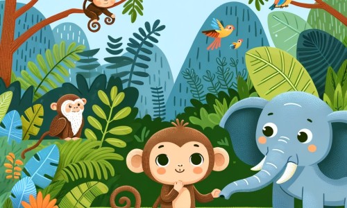 Une illustration destinée aux enfants représentant une petite guenon curieuse qui se perd dans la jungle luxuriante, accompagnée d'un gentil éléphant, dans un environnement foisonnant de végétation tropicale et d'animaux exotiques.
