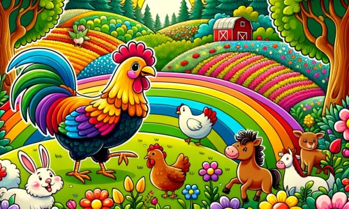 Une illustration destinée aux enfants représentant une poule au plumage coloré, vivant des aventures palpitantes avec ses amis animaux, dans une ferme verdoyante entourée de champs de fleurs multicolores et d'arbres majestueux.