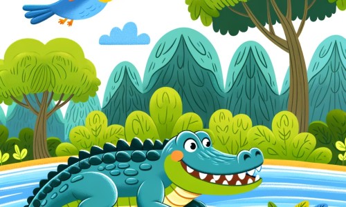 Une illustration pour enfants représentant un crocodile différent des autres, qui aime la compagnie des animaux de la rivière, dans une grande rivière paisible.