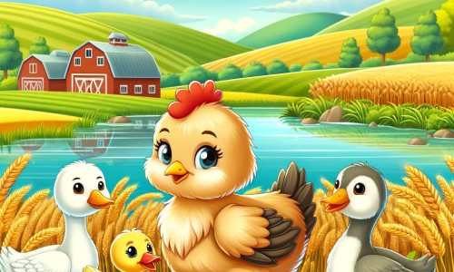 Une illustration pour enfants représentant une jolie petite poule, qui découvre un champ de blé verdoyant dans la ferme où elle vit avec ses amis.