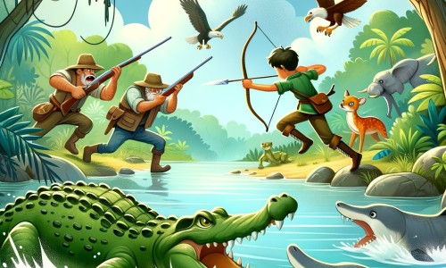 Une illustration pour enfants représentant un crocodile intrépide se battant contre des chasseurs pour protéger ses amis animaux dans une rivière enchantée entourée de végétation luxuriante.