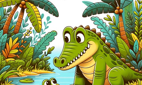 Une illustration destinée aux enfants représentant un jeune crocodile aventurier se liant d'amitié avec une grenouille dans un lac entouré de verdure luxuriante.