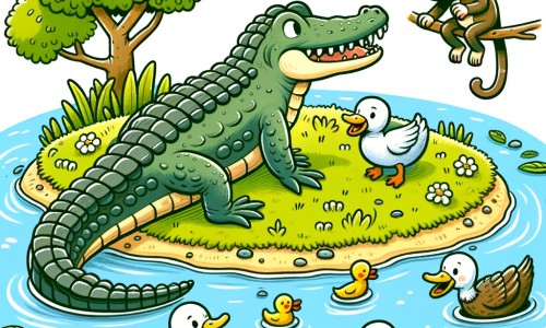 Une illustration destinée aux enfants représentant un majestueux crocodile solitaire, se tenant sur une petite île verdoyante au milieu d'une grande rivière, avec en arrière-plan une famille de canards nageant joyeusement et un singe curieux observant depuis une branche.