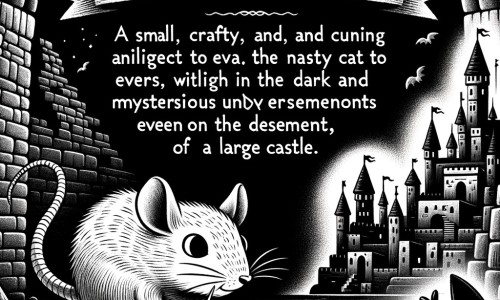 Une illustration destinée aux enfants représentant un petit rat malin et rusé, qui fait preuve de courage et d'intelligence pour échapper à un chat méchant, dans les sous-sols sombres et mystérieux d'un grand château.
