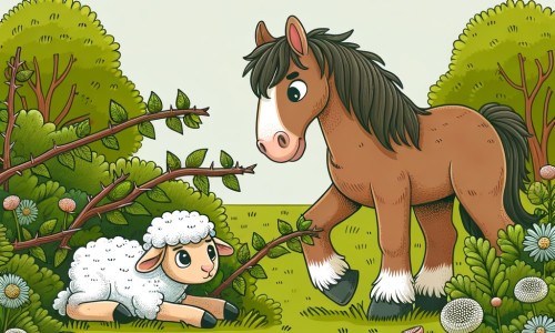 Une illustration destinée aux enfants représentant un majestueux cheval brun solitaire, se trouvant dans un pré verdoyant et fleuri, faisant la rencontre d'un adorable agneau pris au piège dans des ronces.