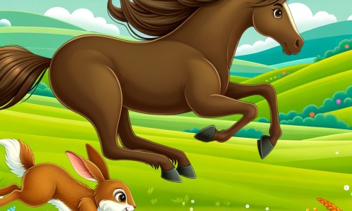 Une illustration destinée aux enfants représentant un élégant cheval brun, avec une crinière flottante, faisant la course avec un lièvre rapide, dans une prairie luxuriante parsemée de fleurs colorées et entourée de collines verdoyantes.