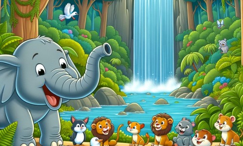 Une illustration destinée aux enfants représentant un éléphant bavard et curieux, accompagné d'une joyeuse troupe d'animaux, découvrant une magnifique cascade dans une jungle luxuriante et dense.