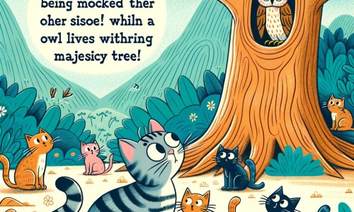 Une illustration destinée aux enfants représentant un chat curieux et bavard, se faisant moquer par d'autres chats, qui trouve refuge dans une forêt mystérieuse où un vieux hibou sage vit dans un grand arbre majestueux.