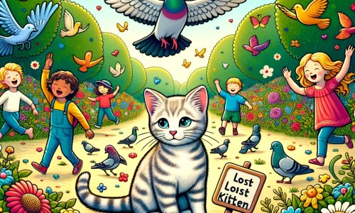 Une illustration destinée aux enfants représentant un adorable chaton perdu, accompagné d'un pigeon protecteur, explorant un magnifique parc rempli d'enfants rieurs, d'oiseaux virevoltants et de fleurs aux couleurs éclatantes.