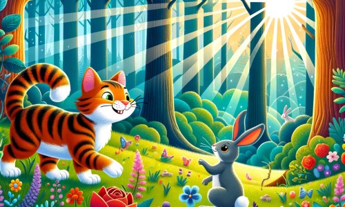 Une illustration destinée aux enfants représentant un chat malicieux et courageux, se liant d'amitié avec un lapin, dans une forêt enchantée remplie de grands arbres majestueux, de fleurs colorées et de rayons de soleil filtrant à travers le feuillage.