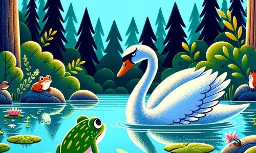 Une illustration pour enfants représentant une petite grenouille triste qui vit dans un lac paisible entouré d'une forêt dense et verdoyante.
