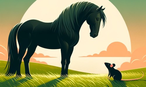 Une illustration destinée aux enfants représentant un majestueux cheval noir, solitaire dans une vaste prairie verdoyante, faisant la rencontre d'une petite souris perdue, dans un paysage baigné par la douce lumière du soleil couchant.