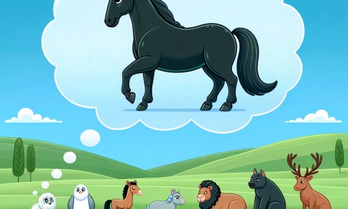 Une illustration destinée aux enfants représentant un élégant cheval noir, rêvant de devenir le plus rapide de tous, entouré d'animaux sages et bienveillants, dans un vaste champ verdoyant avec des collines douces et un ciel bleu immaculé.