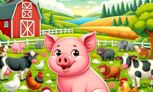 Une illustration destinée aux enfants représentant un joyeux cochon rose, entouré d'autres animaux de la ferme, dans un magnifique paysage champêtre avec une grange rouge et des champs verdoyants.