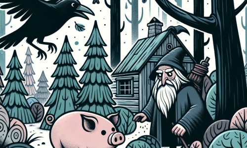 Une illustration destinée aux enfants représentant un petit cochon curieux et courageux, accompagné d'un vieux corbeau sage, explorant une forêt dense et mystérieuse, avec une petite maison en bois cachée au milieu des arbres.