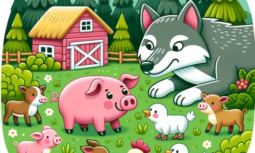 Une illustration destinée aux enfants représentant un adorable cochon rose, entouré de ses amis animaux, confronté à un loup menaçant, dans une charmante ferme située à l'orée d'une forêt verdoyante.