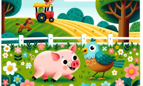 Une illustration destinée aux enfants représentant un petit cochon maladroit, accompagné d'un oiseau parlant, dans un champ verdoyant parsemé de fleurs colorées, où se déroule une grande course à la ferme.
