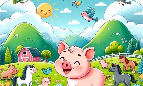 Une illustration destinée aux enfants représentant un joyeux cochon rêveur, entouré de ses amis animaux, dans une ferme colorée et fleurie, où les montagnes verdoyantes se fondent avec le ciel bleu, rempli d'oiseaux qui voltigent gracieusement.