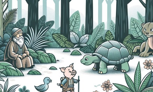 Une illustration destinée aux enfants représentant un petit cochon aventurier, se trouvant dans une forêt dense et verdoyante, rencontrant des animaux curieux et un vieux sage tortue, lors de son voyage d'exploration.