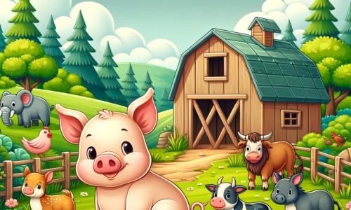 Une illustration destinée aux enfants représentant un adorable petit cochon malin, se trouvant dans une ferme paisible, accompagné de ses amis animaux, dans un décor verdoyant, avec une grange en bois et une forêt luxuriante en arrière-plan.