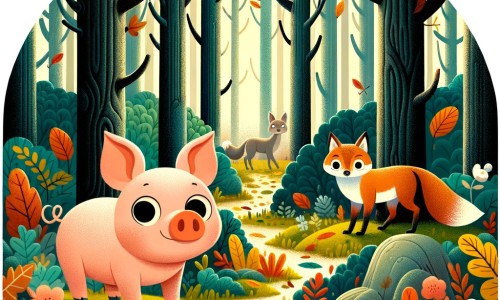 Une illustration pour enfants représentant un petit cochon curieux qui part en voyage pour découvrir de nouveaux horizons dans une forêt dense et mystérieuse.